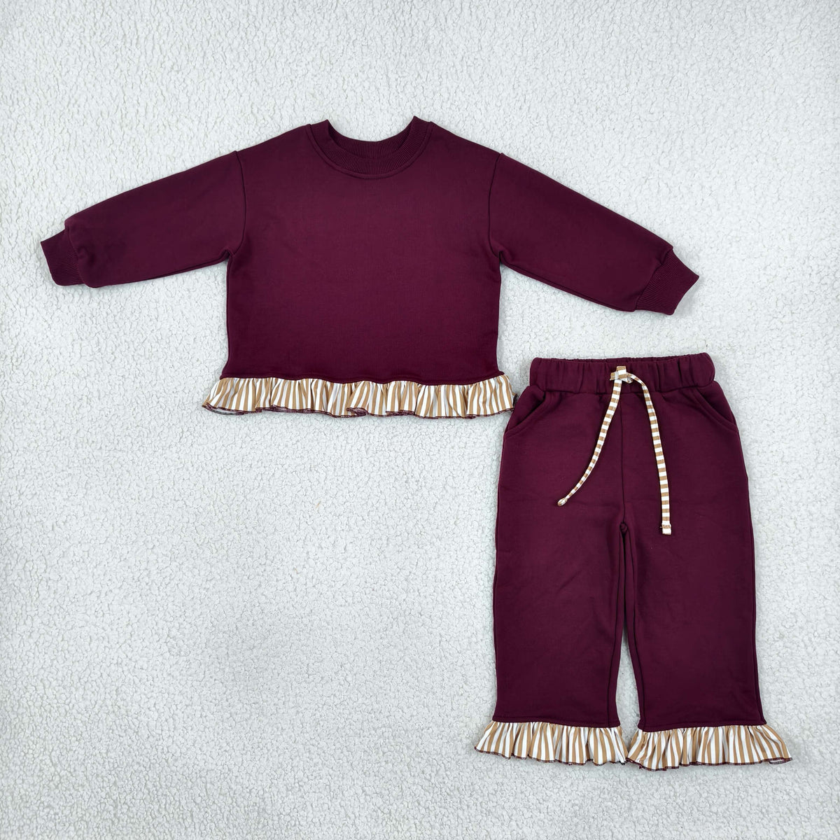 NEW RTS NO MOQ cotton GLP3647 Sweatshirt Material Kids Girls Maroon Long Sleeve Top Pockets Pants Sweatshirt Set