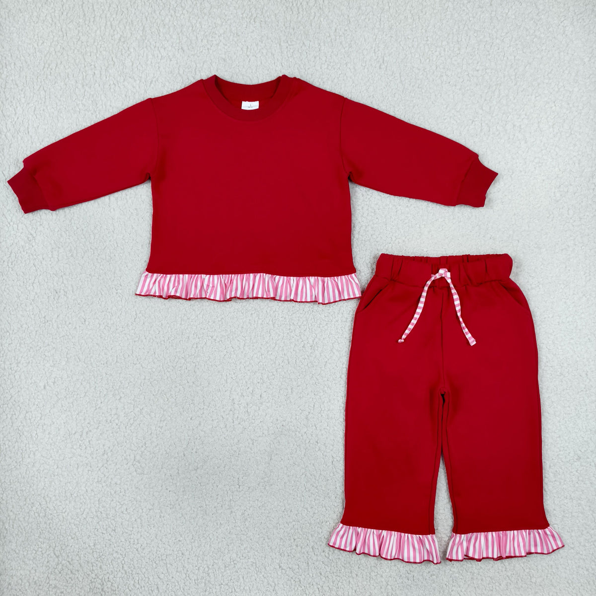 NEW RTS NO MOQ fleece GLP3648 Sweatshirt Material Kids Girls Red Long Sleeve Top Pockets Pants Sweatshirt Outfit