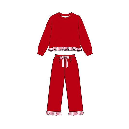 (Preorder new) No moq GLP3648 Sweatshirt Material Kids Girls Red Long Sleeve Top Pockets Pants Sweatshirt Clothes Set Fall Outfit