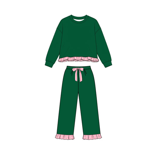 (Preorder new) No moq GLP3649 Sweatshirt Material Kids Girls Green Long Sleeve Top Pockets Pants Sweatshirt Clothes Set Fall Outfit