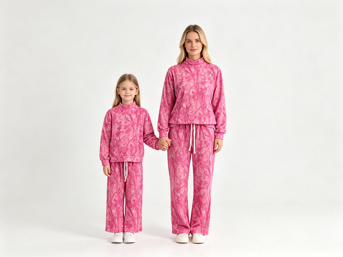 (Sample) No moq milk silk GLP3651 （GT1824+P1138）Adult Women Hot Pink Tree Camo Print Neck Long Sleeve Sweatshirt Pants Casual Outfit Set