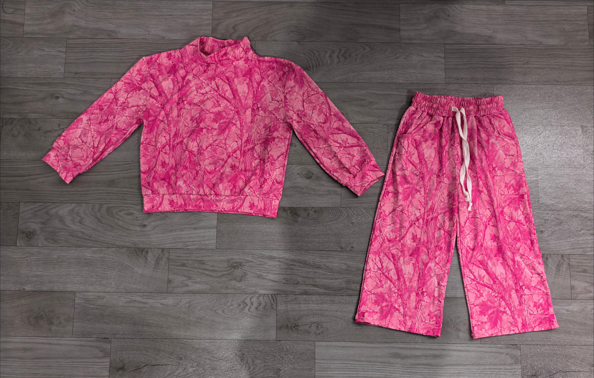 (Sample) No moq milk silk GLP3650(GT1823+P1137) Baby Girls Hot Pink Tree Camo Print Mock Neck Long Sleeve Sweatshirt Pants Casual Matching Outfit Set