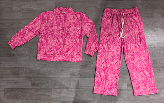 (Sample) No moq milk silk GLP3651 （GT1824+P1138）Adult Women Hot Pink Tree Camo Print Neck Long Sleeve Sweatshirt Pants Casual Outfit Set