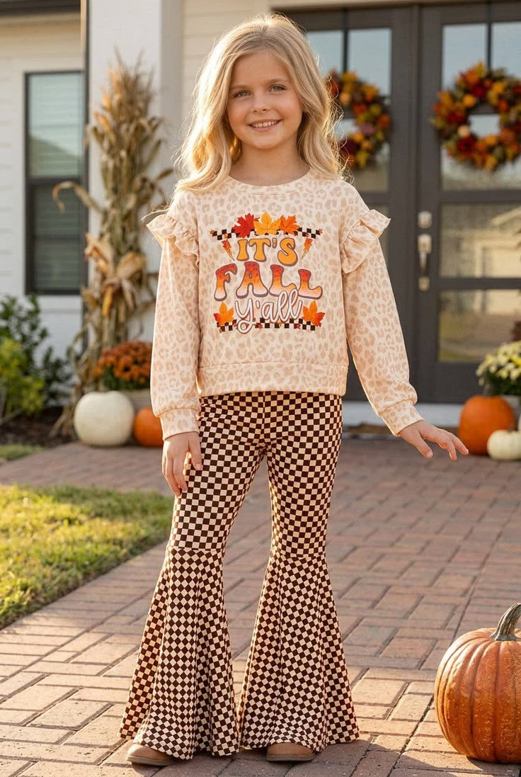 (Preorder new) No moq GLP3652 Baby Girls Letter Leopard Print Crew Neck Long Sleeve Top Plaid Check Flared Bell Bottom Pants Autumn Casual Clothes Set