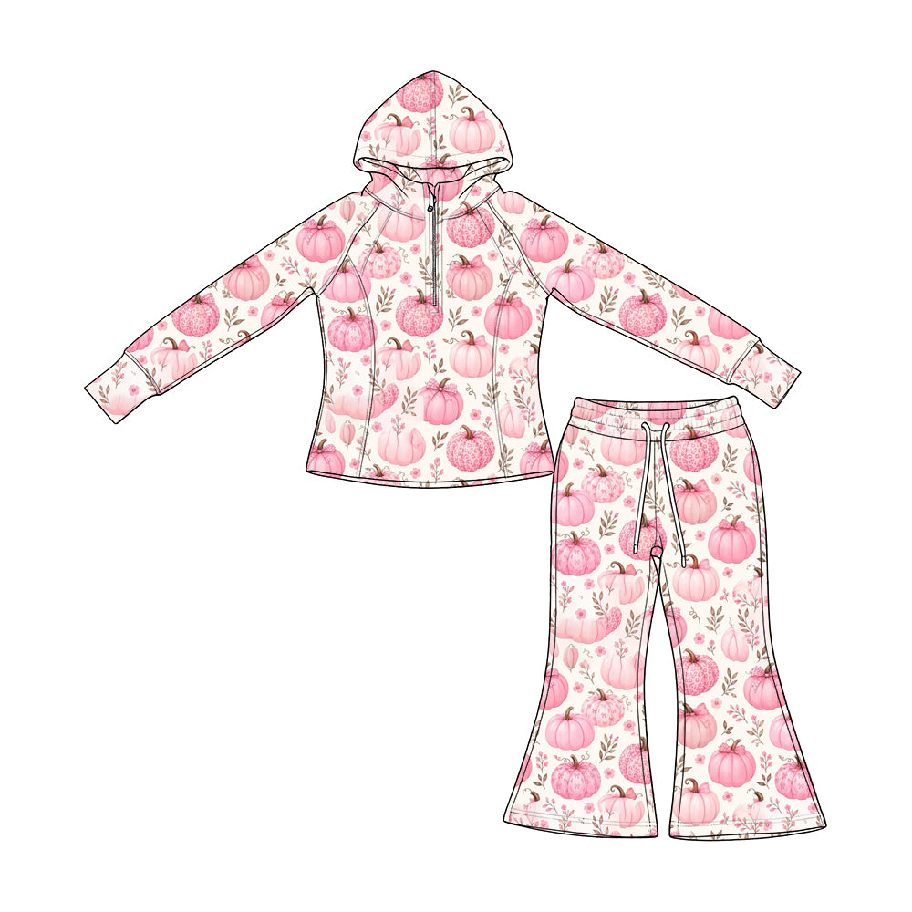 (Preorder new) No moq GLP3653 Baby Girls Pink Bow And Pumpkin Print Zip Long Sleeve Hoodie Flared Bell Bottom Pants Autumn Casual Clothes Set