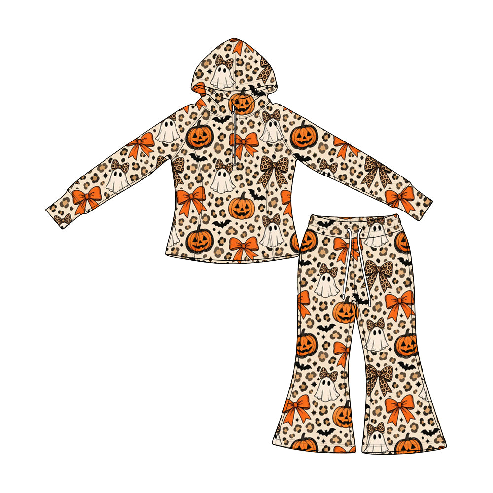 (Preorder new) No moq GLP3654 Baby Girls Leopard Print Ghost Pumpkin Print Zip Long Sleeve Hoodie Flared Bell Bottom Pants Autumn Casual Clothes Set