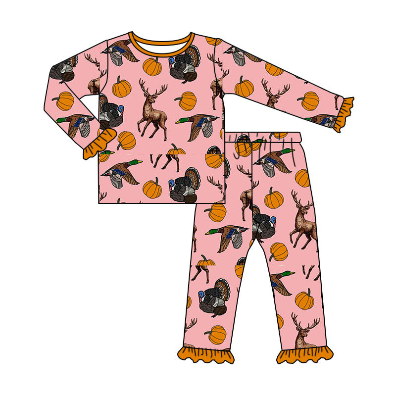 (Preorder new) No moq Girls Pumpkins Pink Thanksgiving Hunting Animal Print Long Sleeve Matching Pajamas Set Romper Blankets