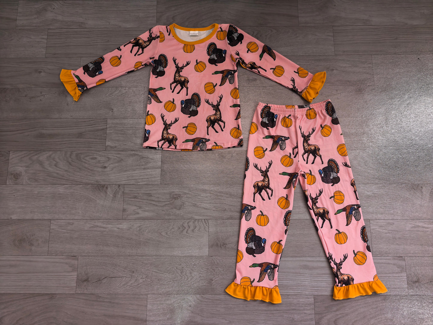 (Sample) No moq milk silk GLP3655 Baby Girls Pumpkins Deer Dogs Top Ruffle Pant Thanksgivings Pajamas Set Fall Sleep Outfit