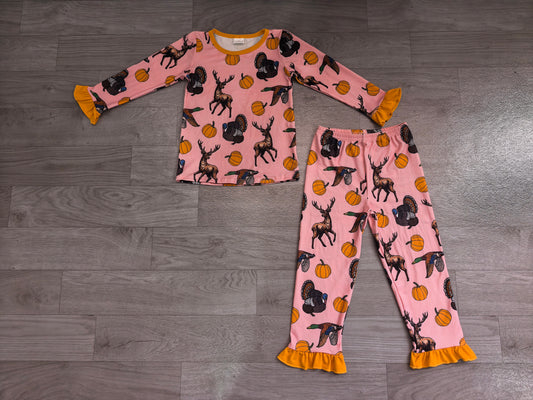 (Sample) No moq milk silk GLP3655 Baby Girls Pumpkins Deer Dogs Top Ruffle Pant Thanksgivings Pajamas Set Fall Sleep Outfit