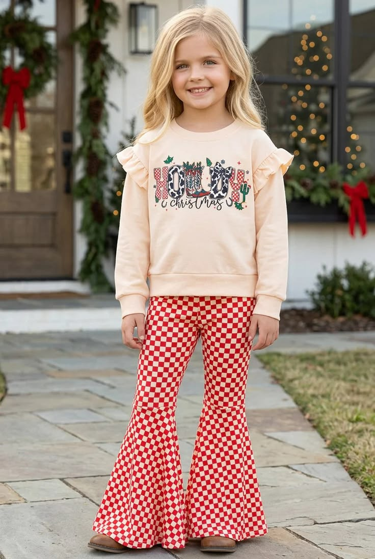 (Preorder new) No moq GLP3656 Baby Girls Cow Print Crew Neck Long Sleeve Top Plaid Check Flared Bell Bottom Pants Autumn Clothes Set