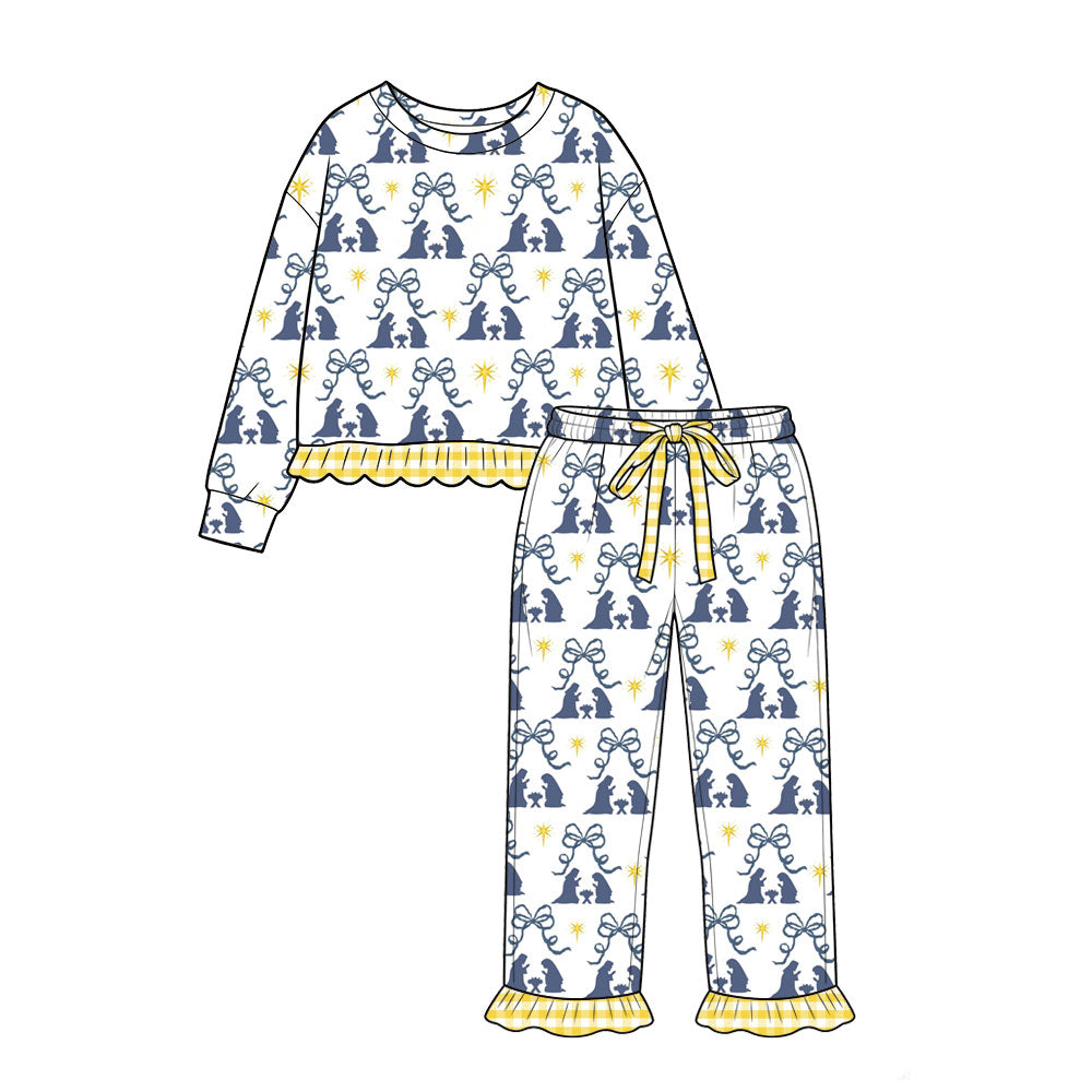 (Preorder new) No moq Baby Girls Bow Star Print Long Sleeve Pants Ruffle Hem Pajama Set