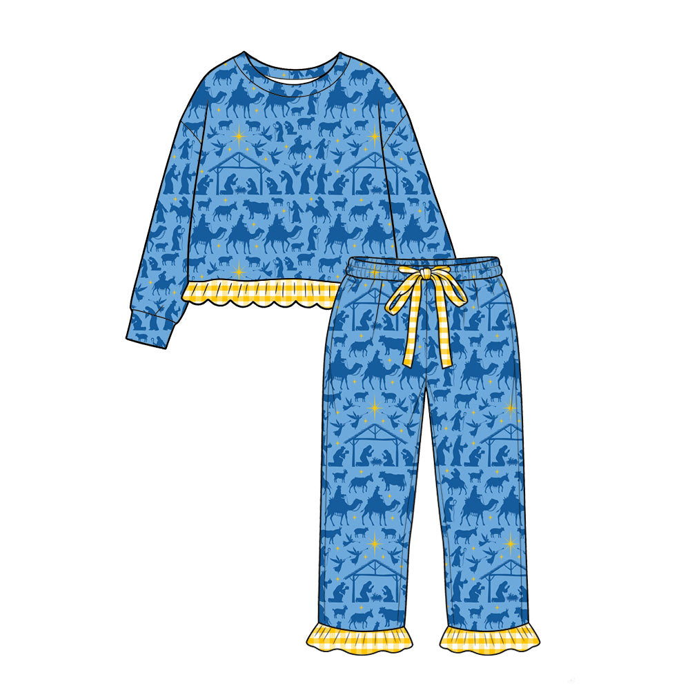 (Preorder new) No moq Baby Girls Bow Star Print Long Sleeve Pants Ruffle Hem Pajama Set