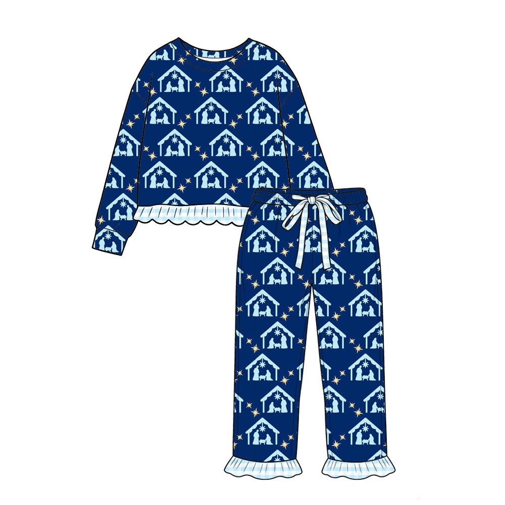 (Preorder new) No moq Baby Girls Bow Star Print Long Sleeve Pants Ruffle Hem Pajama Set