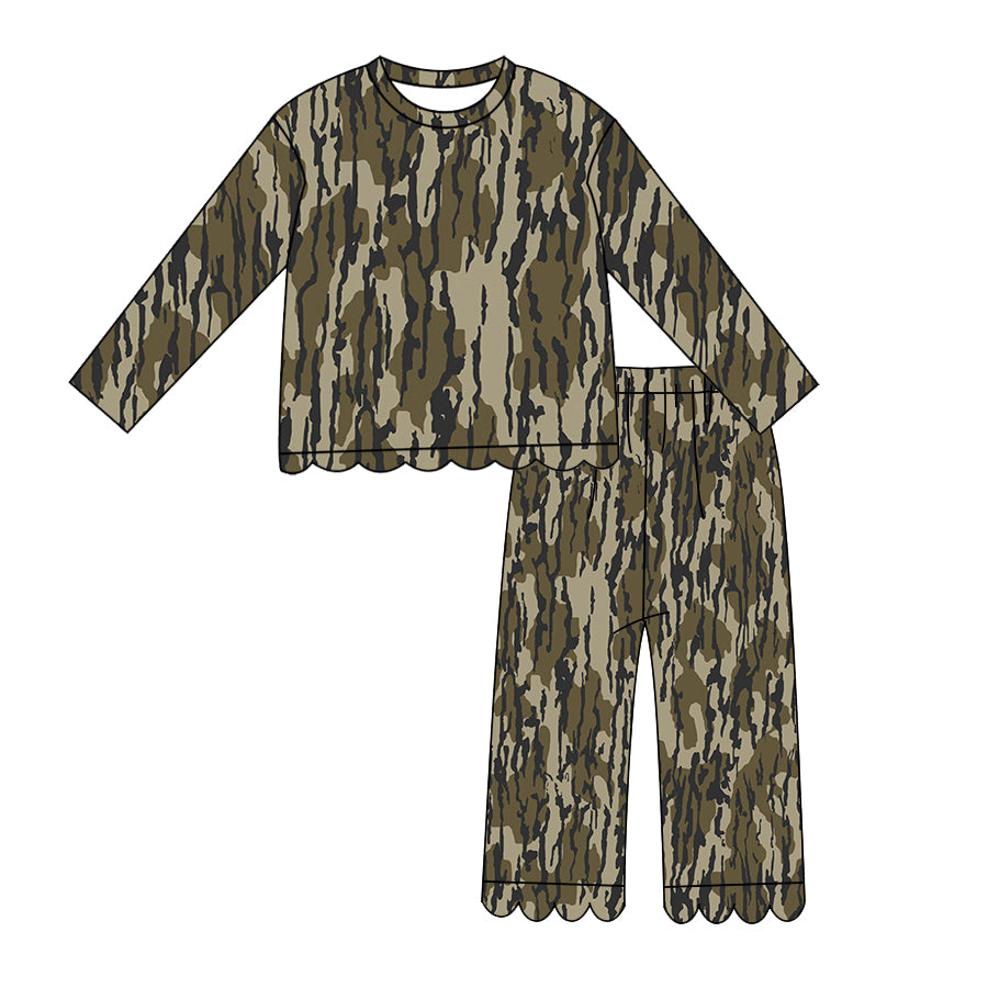 (Preorder new) No moq Baby Girls Camo Print Long Sleeve Crew Neck Top Scallop Edge Flare Bell Bottom Pants Clothes Set