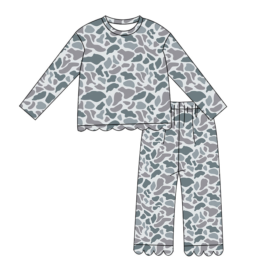 (Preorder new) No moq Baby Girls Camo Print Long Sleeve Crew Neck Top Scallop Edge Flare Bell Bottom Pants Clothes Set