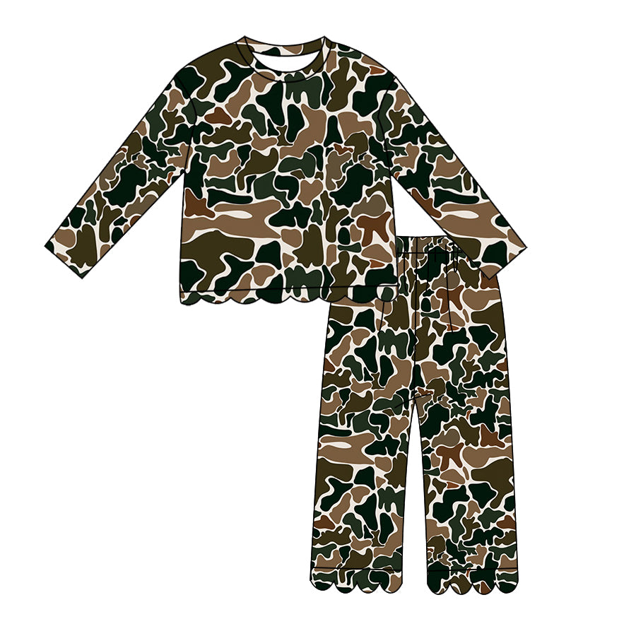 (Preorder new) No moq Baby Girls Camo Print Long Sleeve Crew Neck Top Scallop Edge Flare Bell Bottom Pants Clothes Set