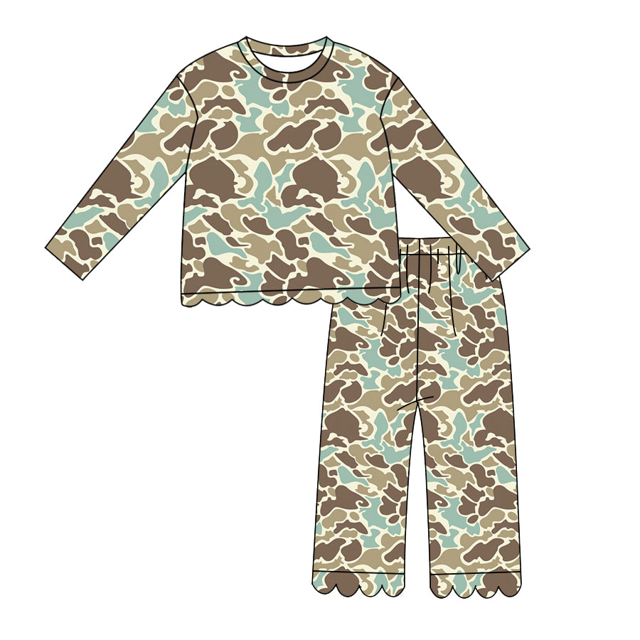(Preorder new) No moq Baby Girls Camo Print Long Sleeve Crew Neck Top Scallop Edge Flare Bell Bottom Pants Clothes Set