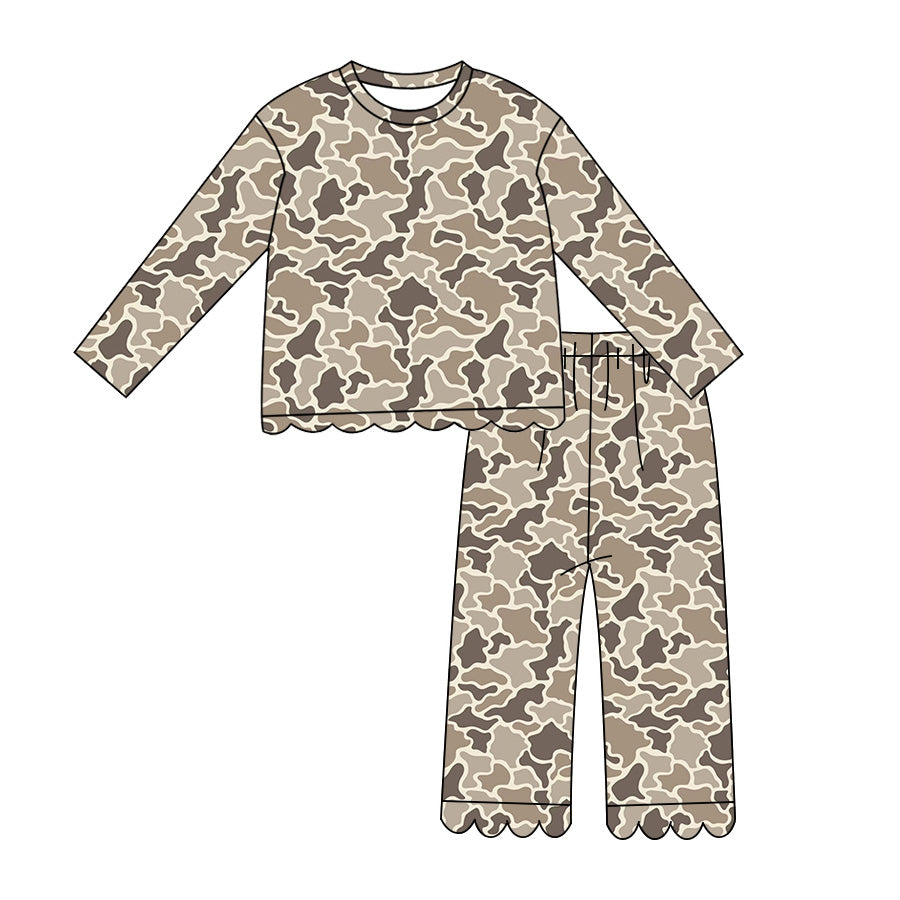 (Preorder new) No moq Baby Girls Camo Print Long Sleeve Crew Neck Top Scallop Edge Flare Bell Bottom Pants Clothes Set