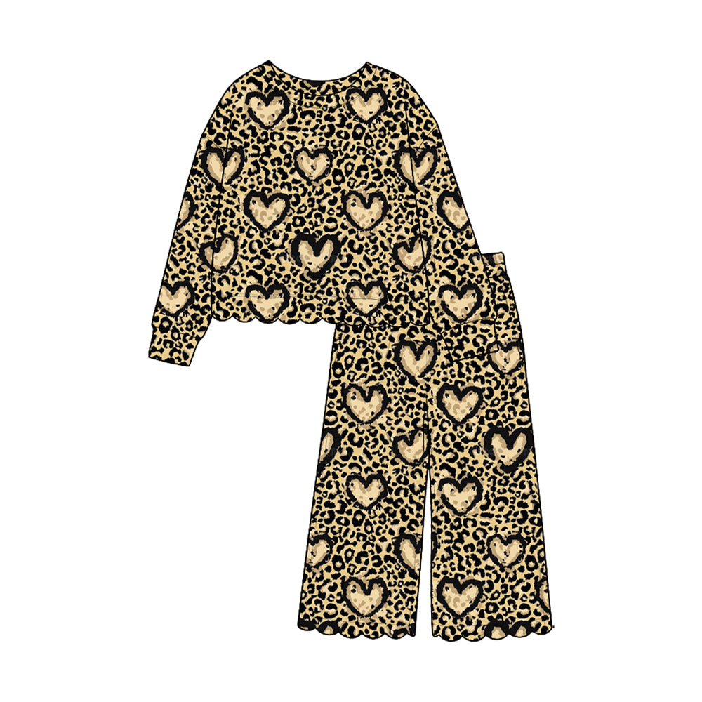 (Preorder new) No moq Baby Girls Valentine Leopard Heart Long Sleeve Top Pants Set Jumpsuits