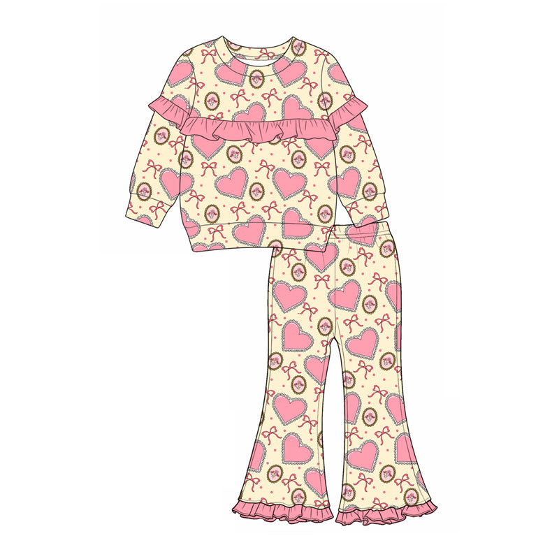 (Preorder new) No moq Baby Girls Pink Heart Bow Cameo Print Ruffle Long Sleeve Top Pants Set Dress