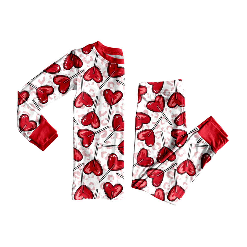 (Preorder new) No moq Baby Girls Leopard Heart Girl Valentine Long Sleeve Top Pants Pajama Set Dress Rompers