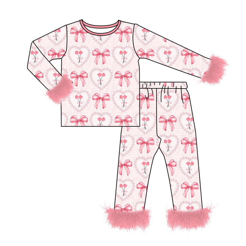 (Preorder new) No moq GLP3668 Baby Girls Bows Print Fur Long Sleeve Crew Neck Top Pant Pajamas Set