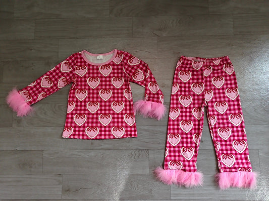 (Sample) No moq milk silk GLP3669 Baby Girls Heart Bow Print  Fur Long Sleeve Crew Neck Top Pant Pajamas Set