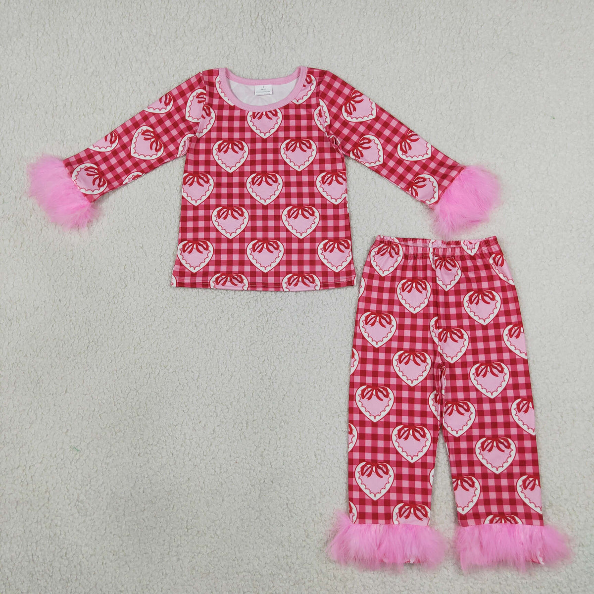 NEW RTS NO MOQ milk silk GLP3669 Baby Girls Heart Bow Print  Fur Long Sleeve Crew Neck Top Pant Pajamas Set