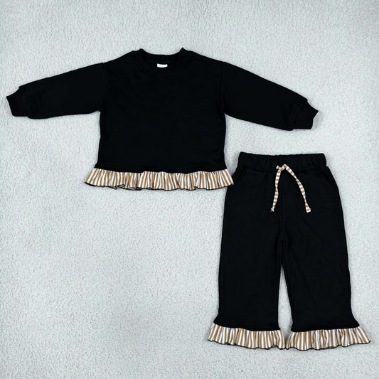 (Sample) No moq fleece GLP3671 Sweatshirt Material Kids Girls Black Long Sleeve Top Pockets Pants Sweatshirt Clothes Set Fall Outfit