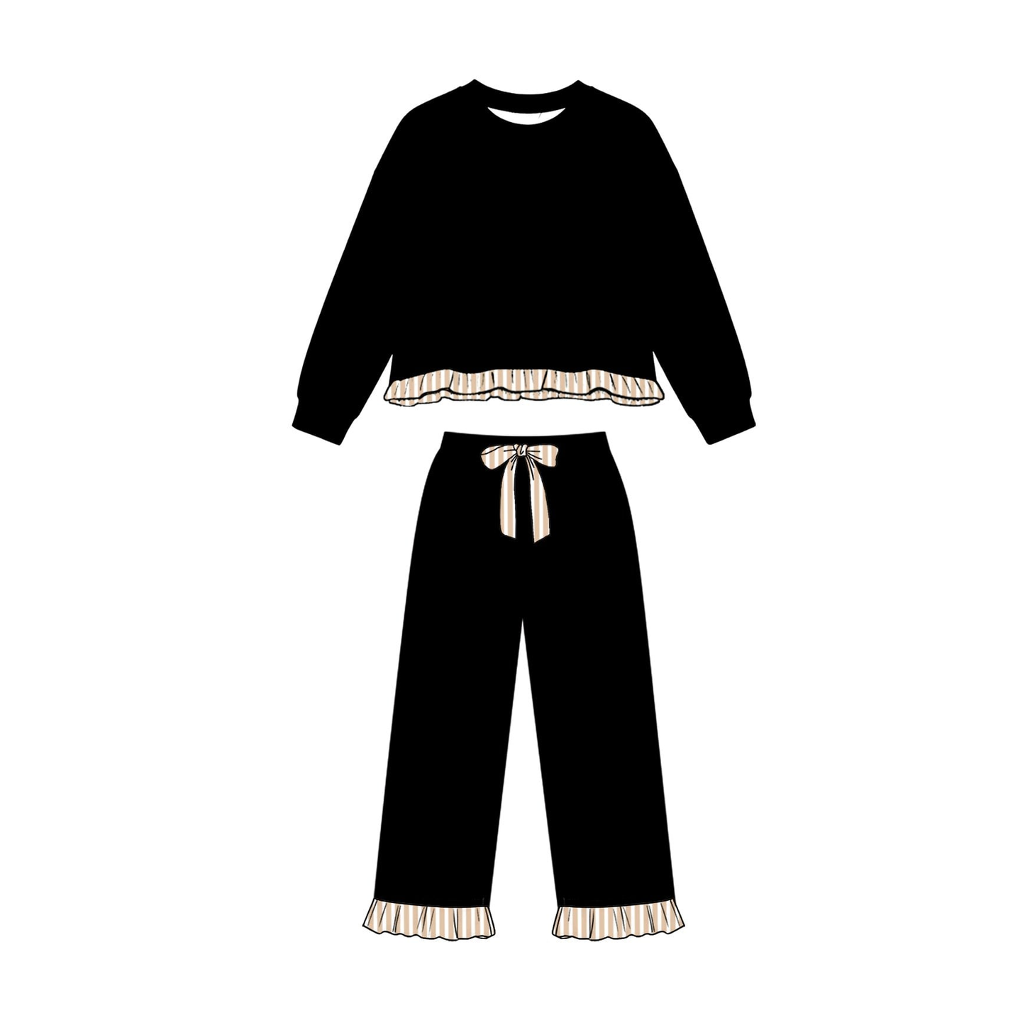 (Preorder new) No moq GLP3671 Sweatshirt Material Kids Girls Black Long Sleeve Top Pockets Pants Sweatshirt Clothes Set Fall Outfit