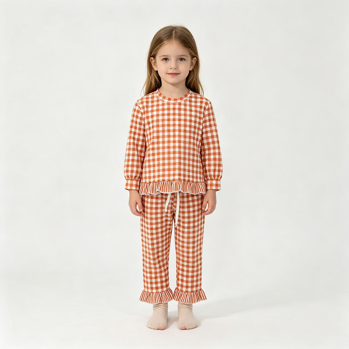 (Sample) No moq milk silk GLP3672 Baby Girls Orange Checked Long Sleeve Top Side Pockets Ruffle Pant Fall Clothes Set