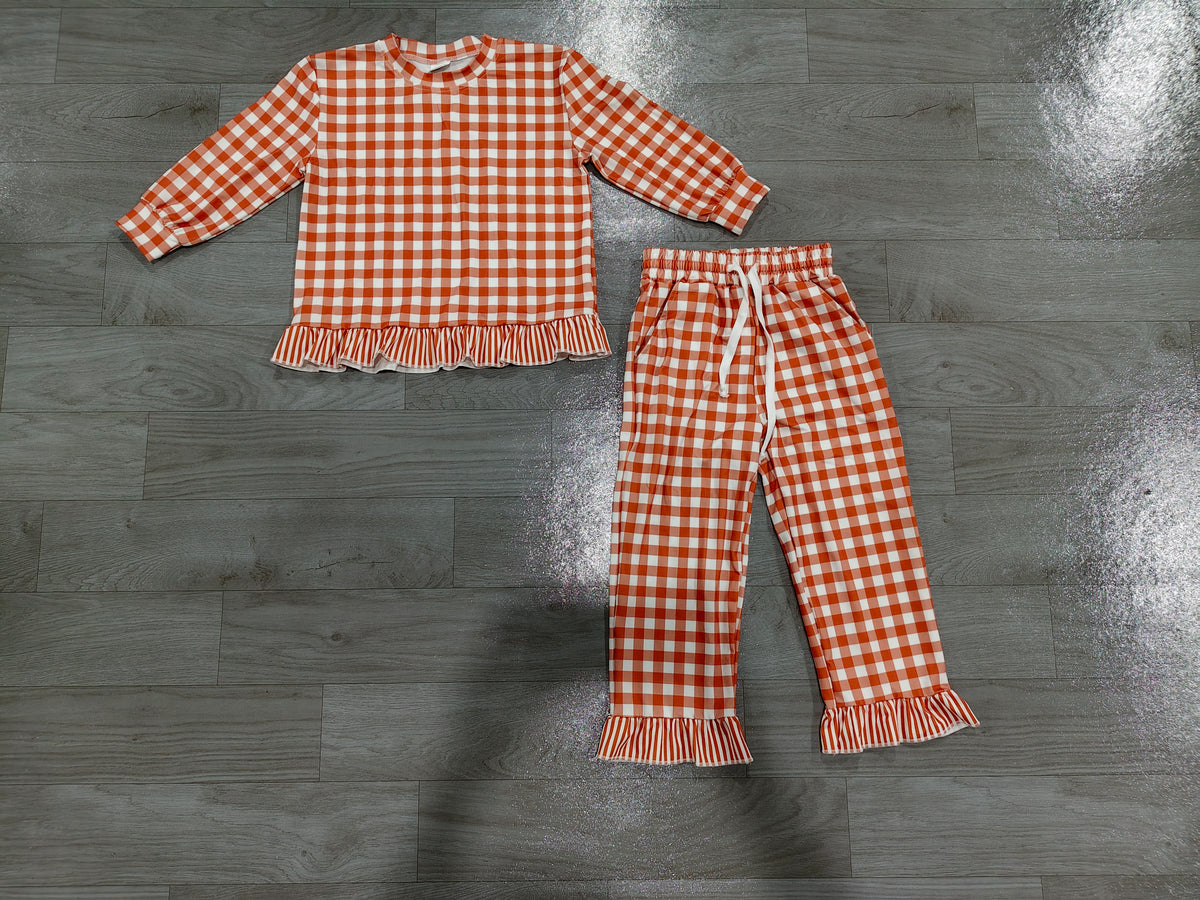 (Sample) No moq milk silk GLP3672 Baby Girls Orange Checked Long Sleeve Top Side Pockets Ruffle Pant Fall Clothes Set