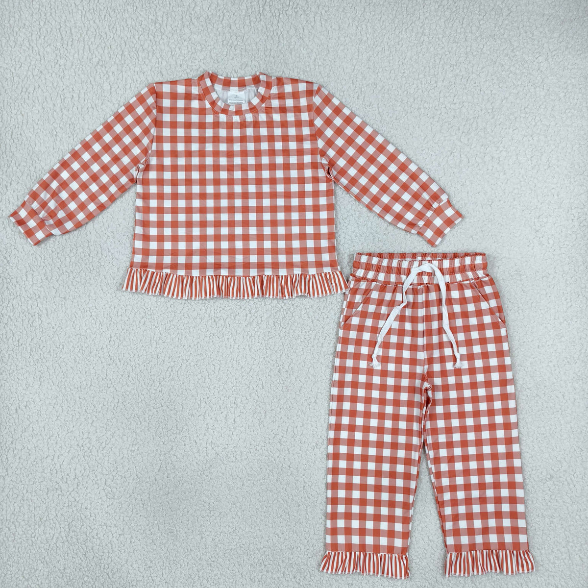 NEW RTS NO MOQ milk silk GLP3672 Baby Girls Checked Long Sleeve Top Side Pockets Ruffle Pant Fall Set