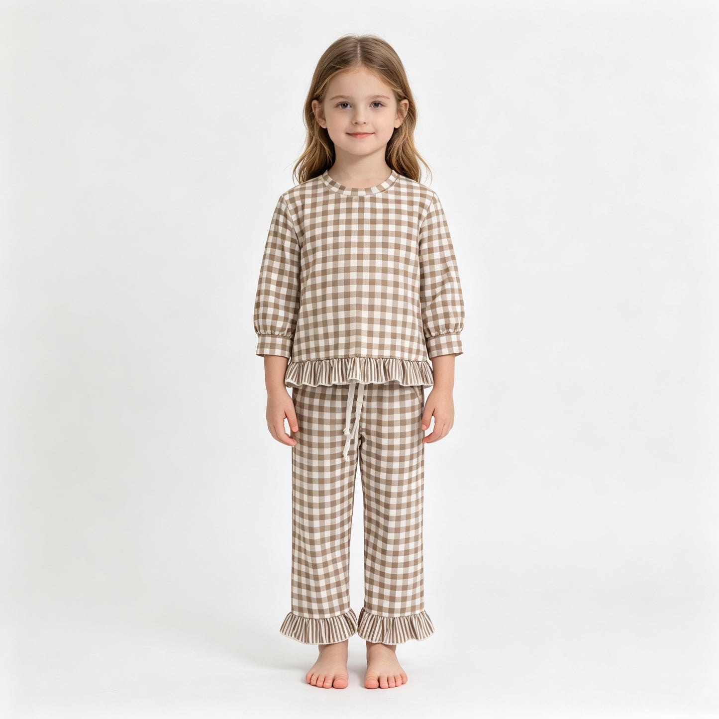 (Sample) No moq milk silk GLP3674 Baby Girls Plaid Checked Top Ruffle Pant Set