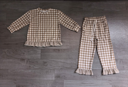 (Sample) No moq milk silk GLP3674 Baby Girls Plaid Checked Top Ruffle Pant Set