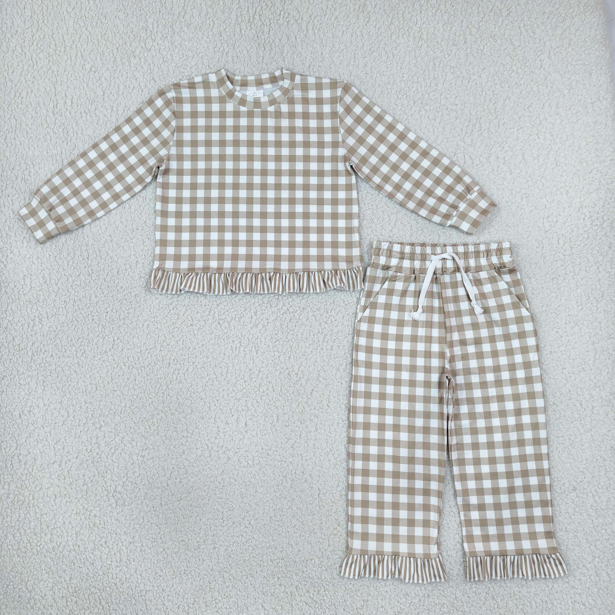 NEW RTS NO MOQ milk silk GLP3674 Baby Girls Long Sleeve Khaki Checked Top Pockets Ruffle Pant 2 Piece Clothes Set