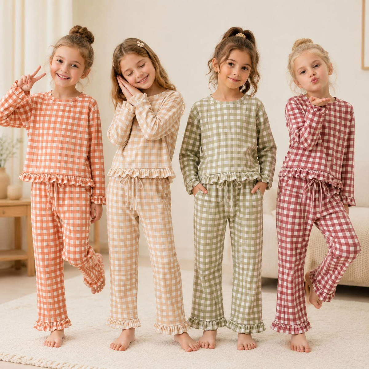 (Preorder new) No moq Baby Girls Checked Print Long Sleeve  Top Ruffle Pant Pajamas Clothes Set