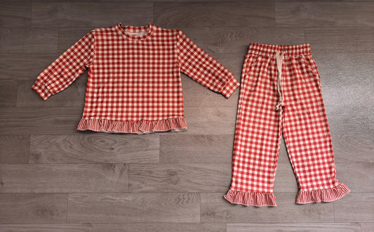 (Sample) No moq milk silk GLP3675 Baby Girls Long Sleeve Plaid Checked Top Ruffle Pant Outfit