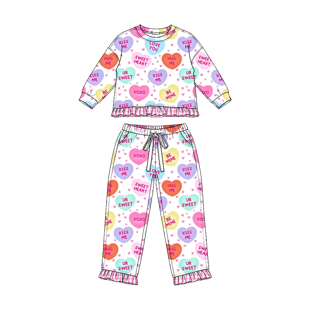 (Preorder new) No moq GLP3676 Baby Girls Valentines Heart Print Long Sleeve Ruffle Top And Drawstring Ruffle Pants Pajamas Clothes Set