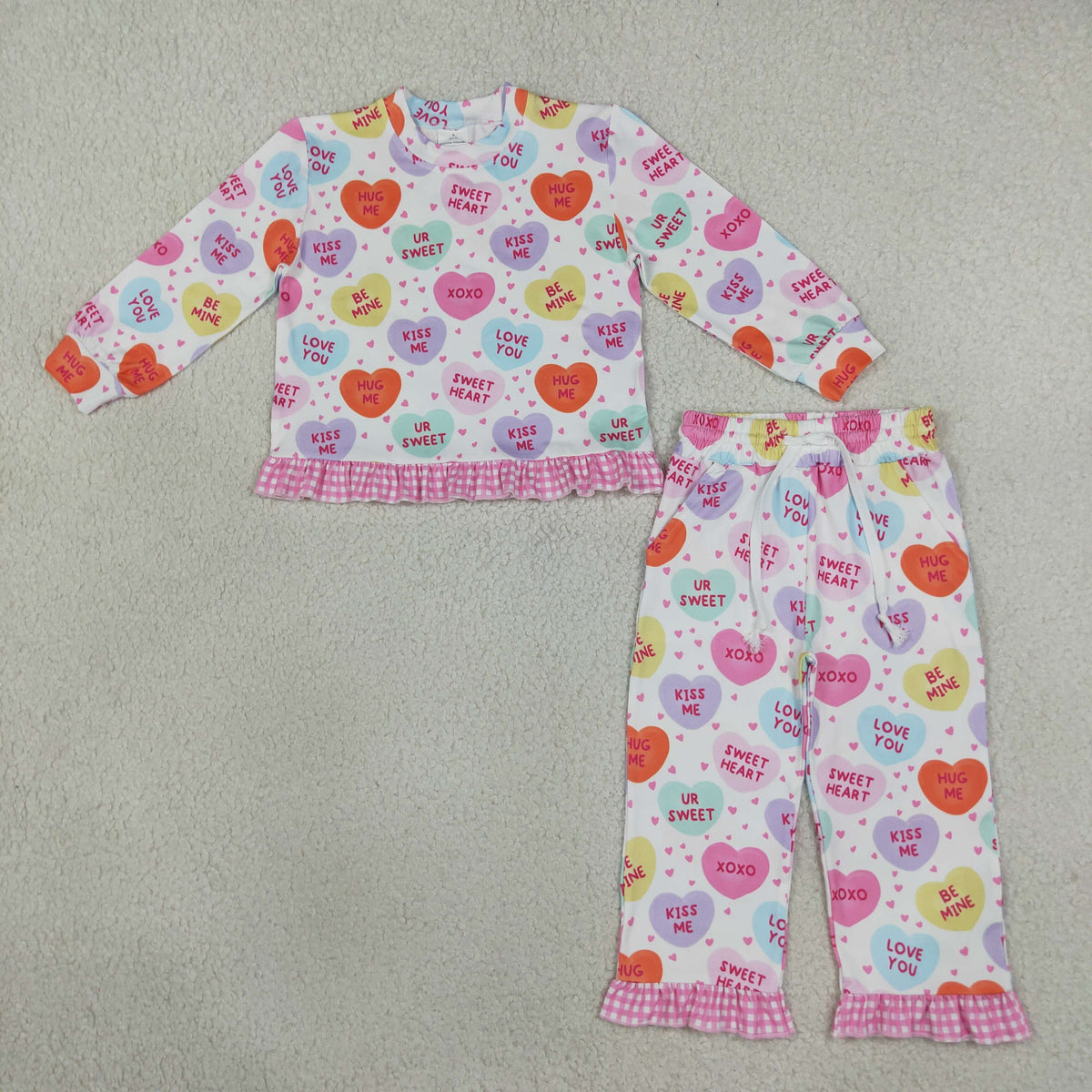 NEW RTS NO MOQ milk silk GLP3676 Baby Girls Valentines Heart Print Long Sleeve Ruffle Top And Drawstring Ruffle Pants Pajamas Set