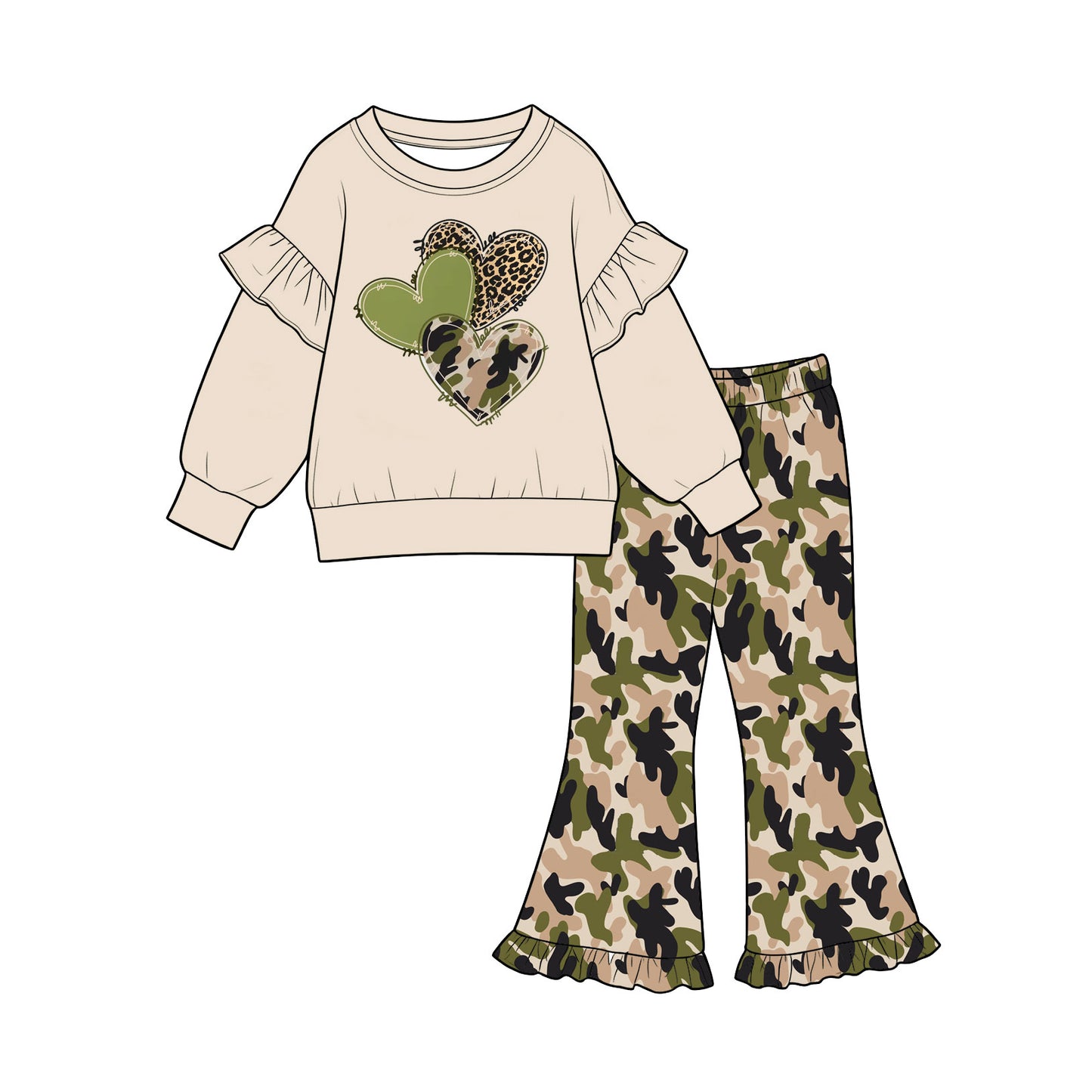 (Preorder new) No moq Baby Girls Heart Leopard Camo Ruffle Sleeve Sweatshirt Camouflage Print Ruffle Bell Bottom Pants Fall Outfit Romper