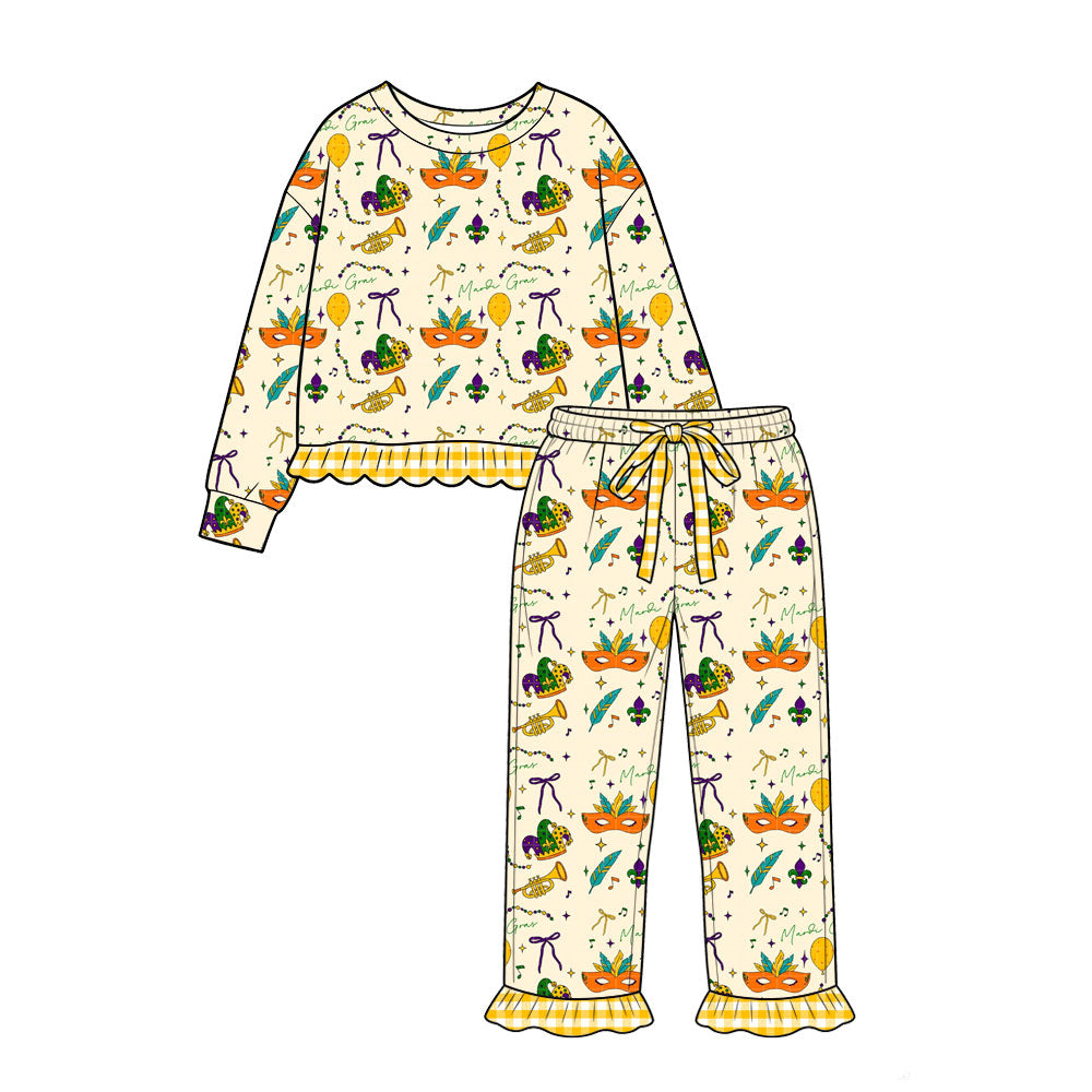 (Preorder new) No moq Girls Yellow Print Long Sleeve Ruffle Hem Top Pant Set Romper