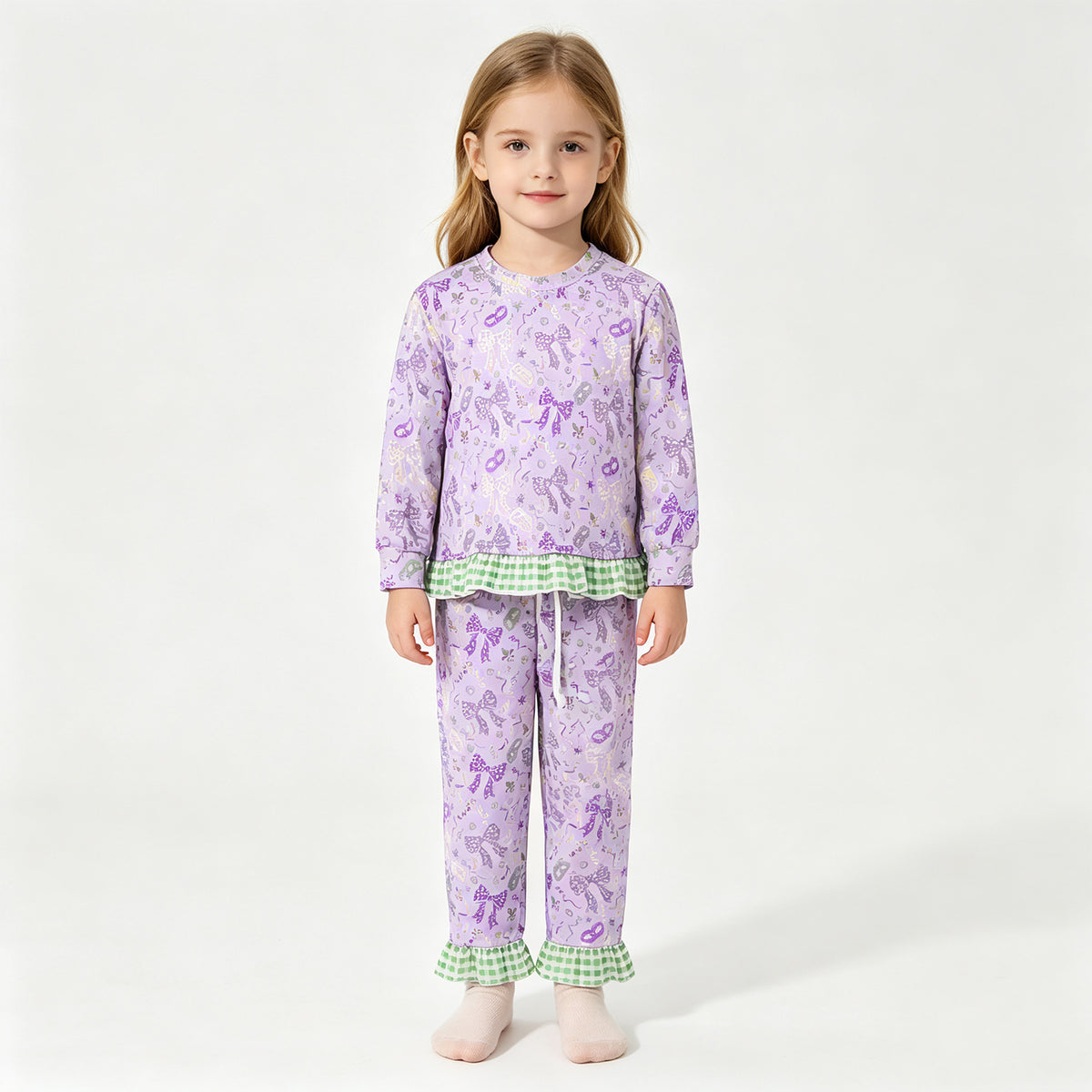 (Sample) No moq milk silk GLP3680 Baby Girls Bows Print Long Sleeve Top Side Pockets Ruffle Pant Clothes Set