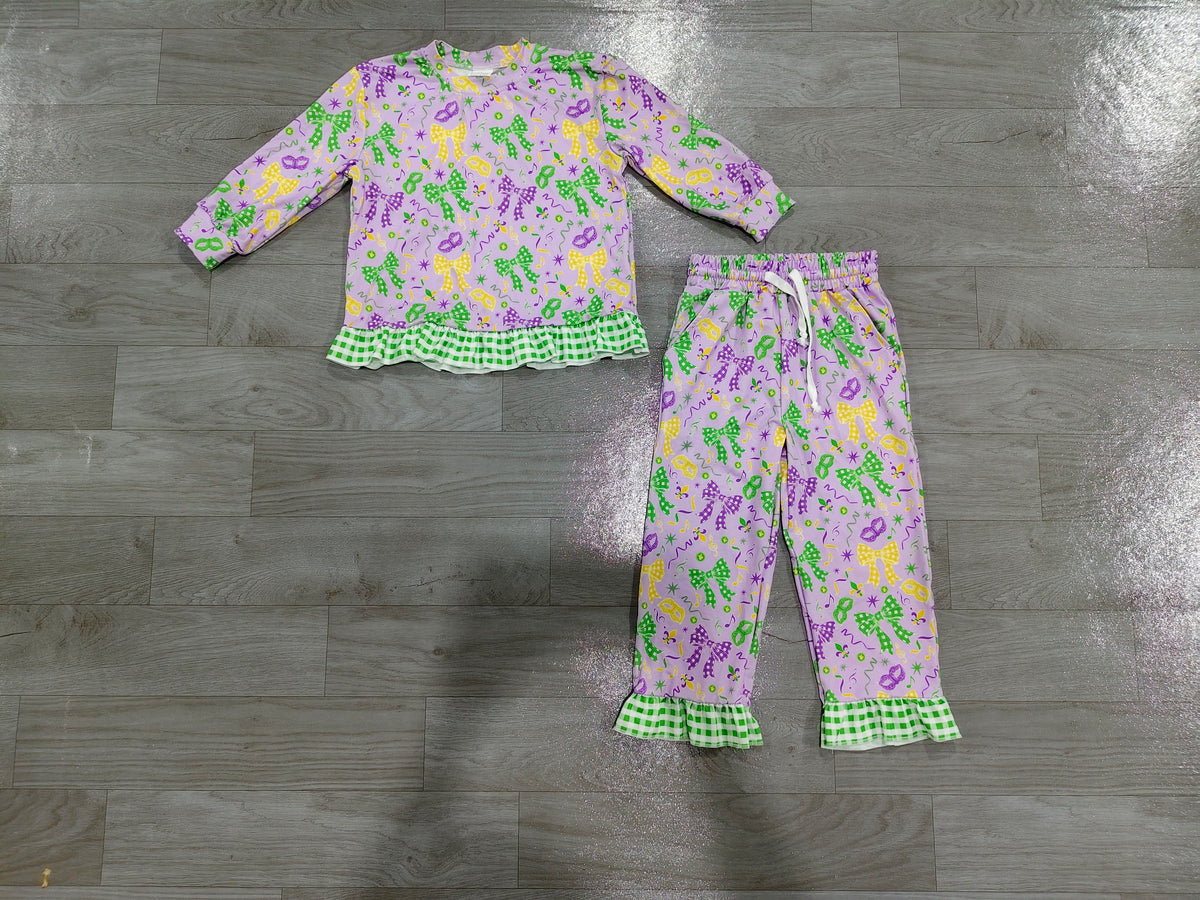 (Sample) No moq milk silk GLP3680 Baby Girls Bows Print Long Sleeve Top Side Pockets Ruffle Pant Clothes Set