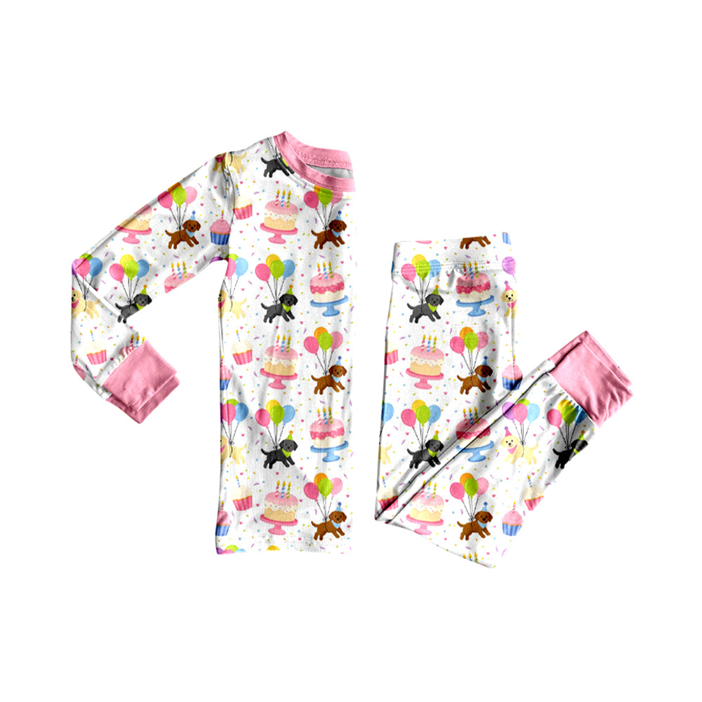 (Preorder new) No moq GLP3683 Baby Girls Dog Cake Print Long Sleeve Crew Neck Top Pant Pajamas Set