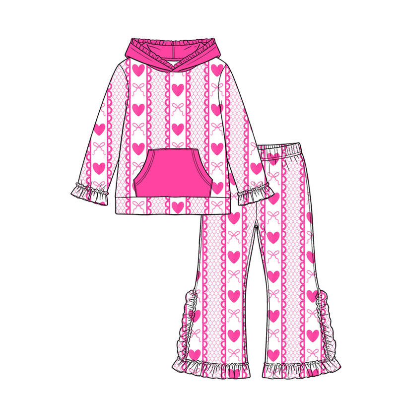 (Preorder new) No moq GLP3685 Baby Girls Bows Hearts Stripe Pocket Hoodie Ruffle Pant Valentines Holiday Matching Outfit Clothes Set