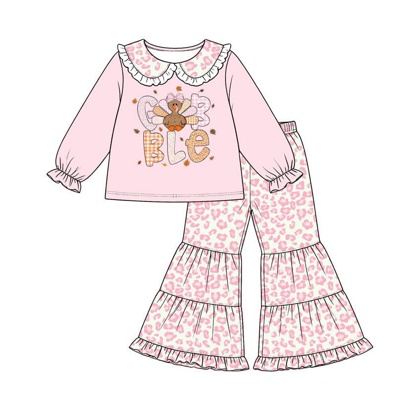 (Preorder new) No moq Baby Girls Turkey Collar Top Leopard Bell Bottom Pant Thanksgivings Fall Holiday Clothes Set Rompers Dress