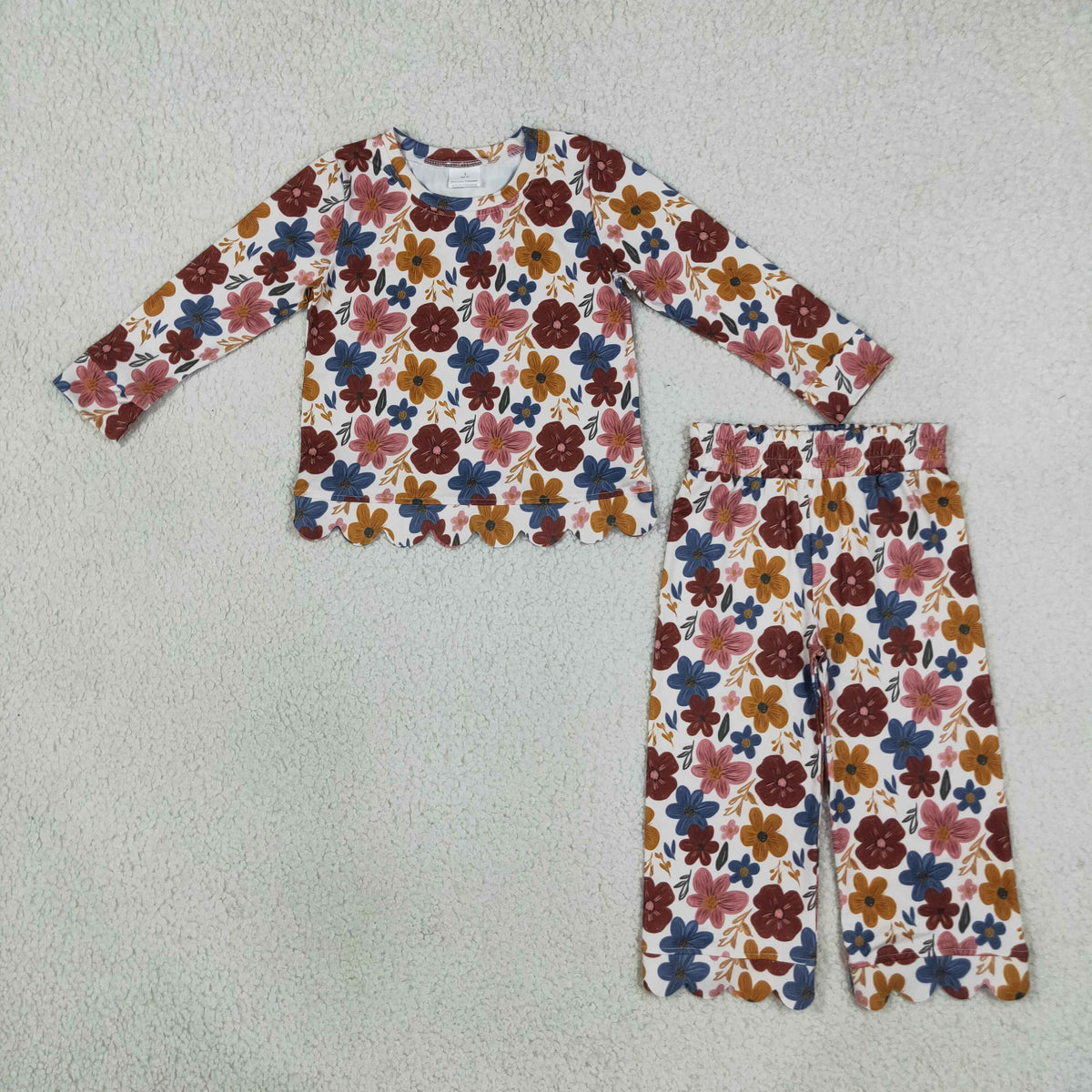 NEW RTS NO MOQ milk silk GLP3690 Baby Girls Long Sleeve Colorful Flowers Top Pants Fall Scallop Holiday Outfit Set