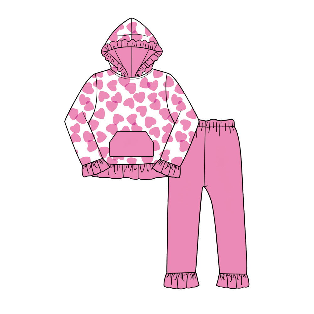 (Preorder new) No moq Baby Girls Boys Valentines Heart Print Long Sleeve Hoodie With Front Pocket And Leggings Set Rompers