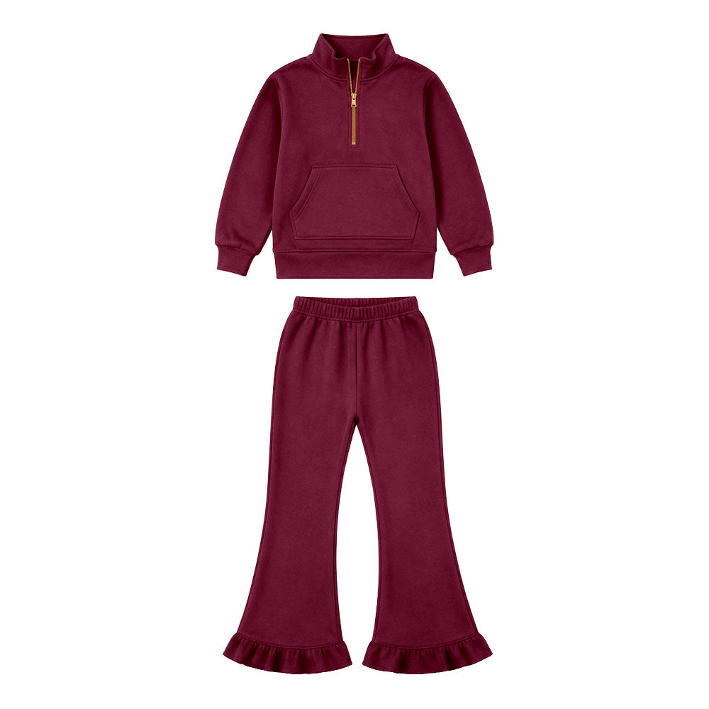 (Preorder new) No moq Baby Girls Long Sleeve Zip Pockets Top Flare Ruffle Pant Clothes Set